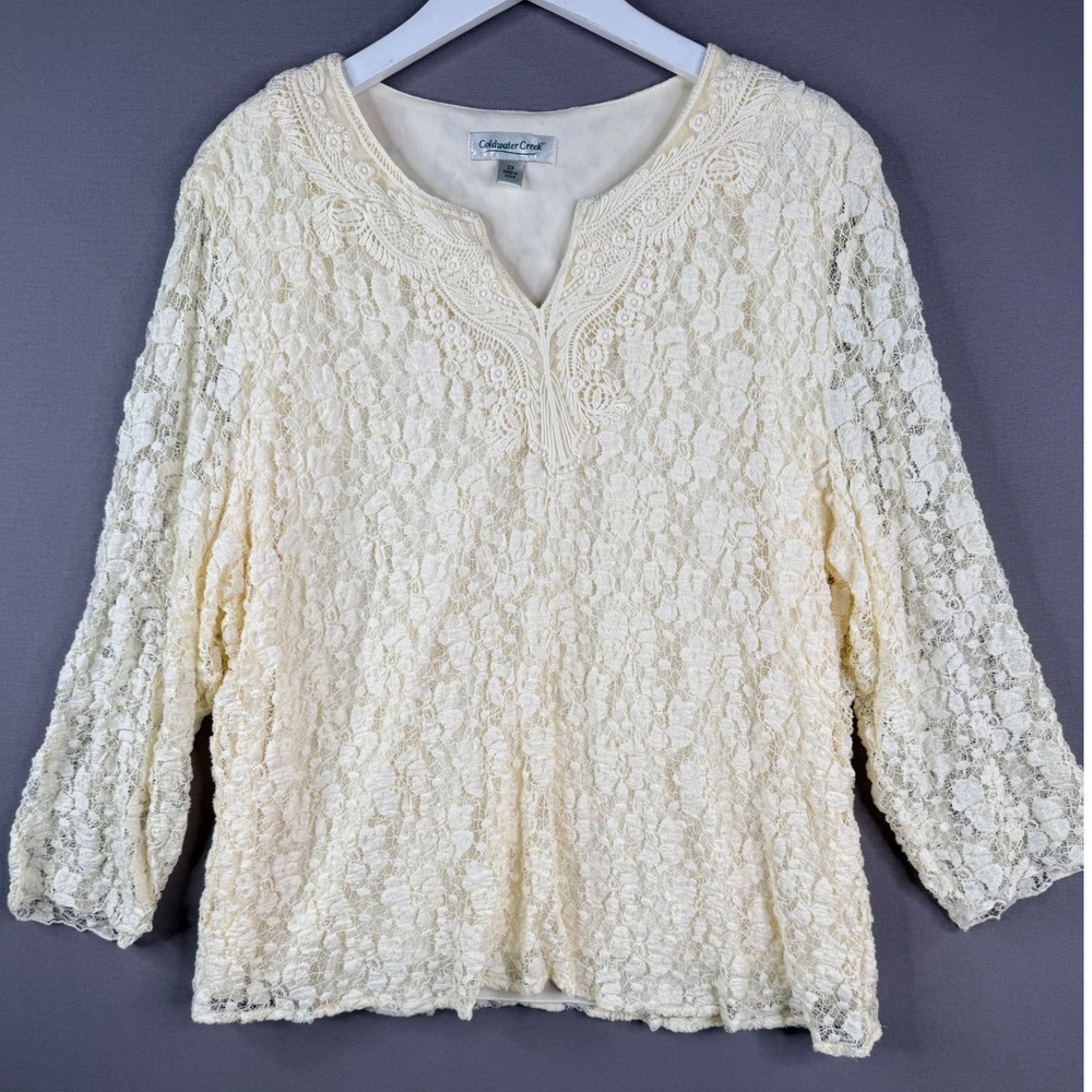 Coldwater Creek Lace Top Womens 2X Ivory Crochet 3/4 Sleeve Stretch Feminine